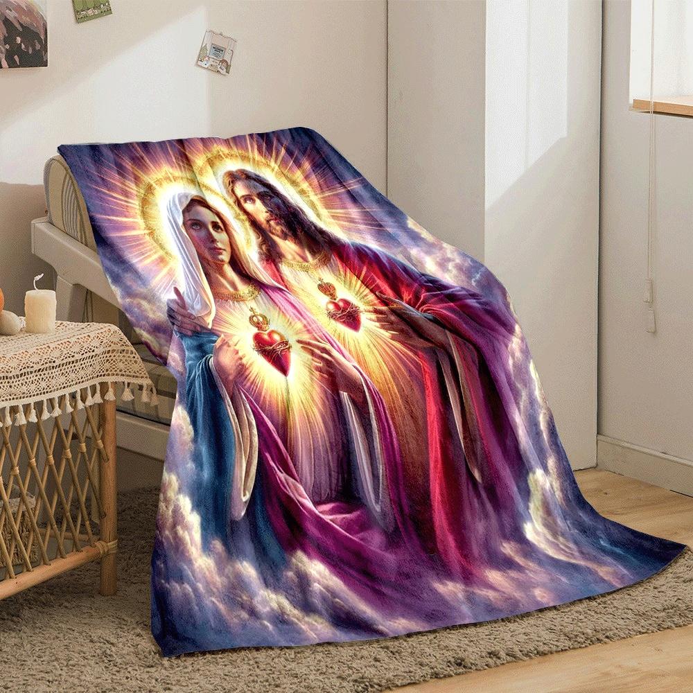 Two figures with radiant halos holding crowned hearts emitting light. for all seasons blanket lunch break throw gift