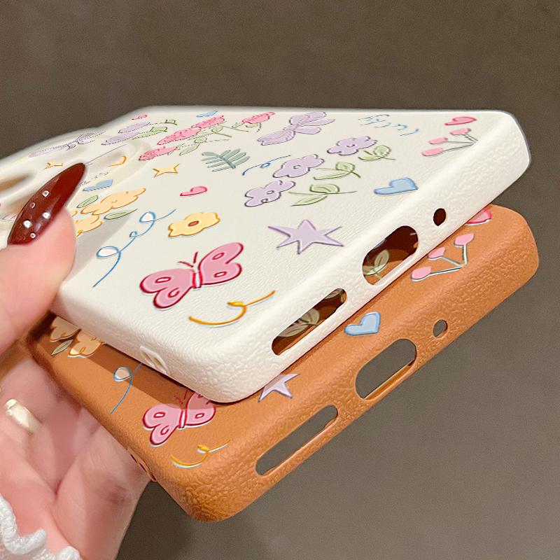 Cartoon Floral Print Leather Texture TPU Soft Case For Xiaomi 13T Pro Poco X7 X6 M6 Redmi 13C Note 14 13 Pro 12 11 Slim Shockproof Matte Phone Cover