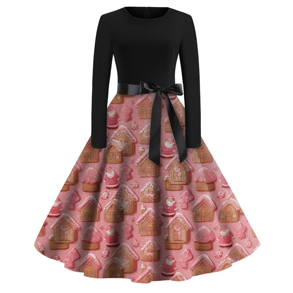 Damenmode Rundhals Lässig Slim Fit Weihnachtsdruck Weit schwingendes Langarmkleid