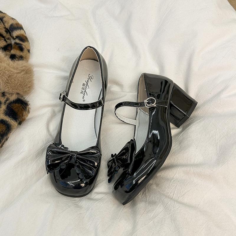 Fashion Women Lolita Shoes Bow Sweet Party Dress Shoes Style Cute Round Head Jane Pumps Midi Heels Fashion High Heels Zapatos De Mujer