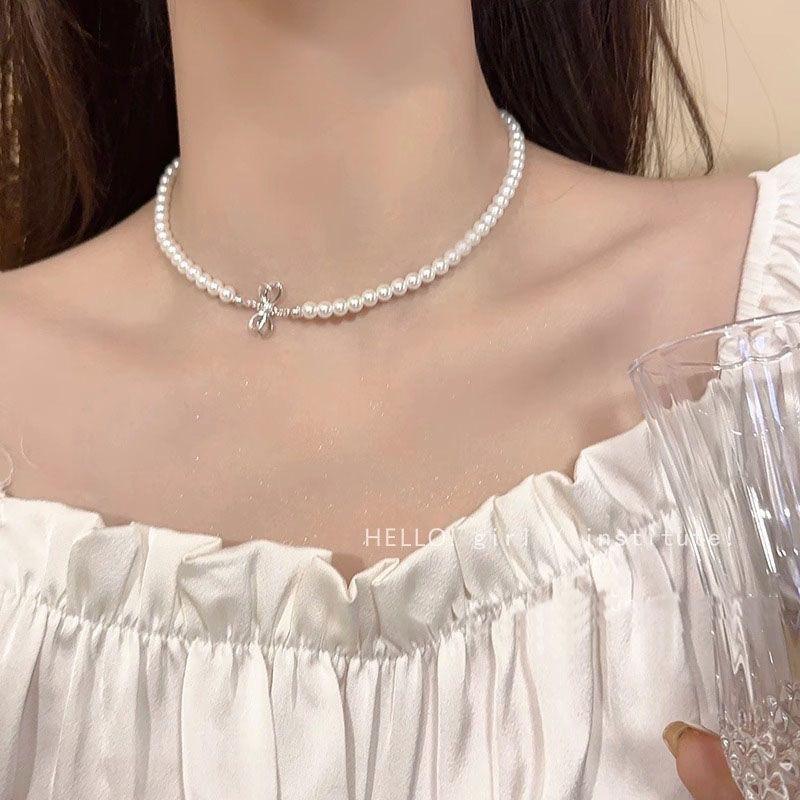 Gentle Bow Pearl Necklace Light Luxury Niche Design Sense Premium Clavicle Chain Femininity Neck Chain Accessories