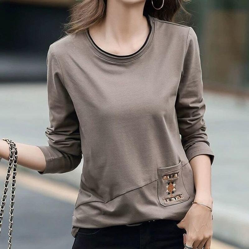 2026 Korean Style Embroidered Pocket Long Sleeve Women s Patchwork Shirt, Plus Size Autumn Trend M хаки