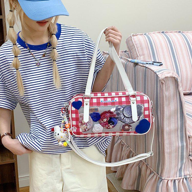 Japanese Kawaii Heart Plaid Ita Bag - Women's Transparent Crossbody with Pin Board