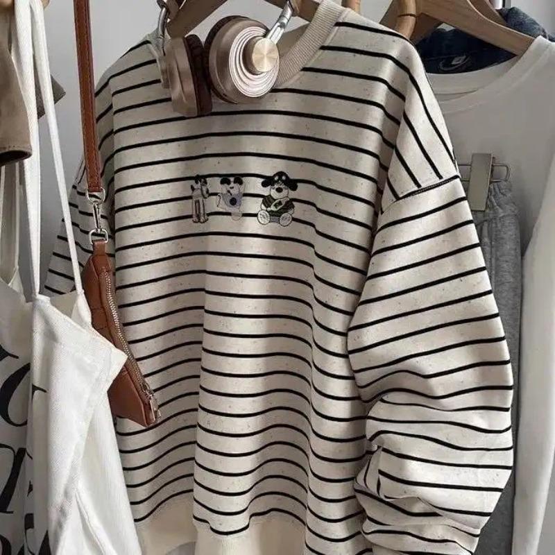 Sweatshirt for Women Oversize Stripes Thickened Loose Round Neck Casual Pullover Long Sleeve Winter Sweatshirt Top