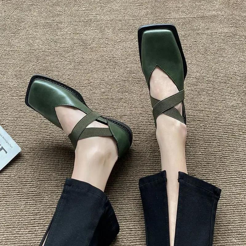Flats Mary Jane Flat Green Normal Leather Casual Women's Shoes Square Toe Japanese Style Lolita Ladies Footwear Gothic Fashion