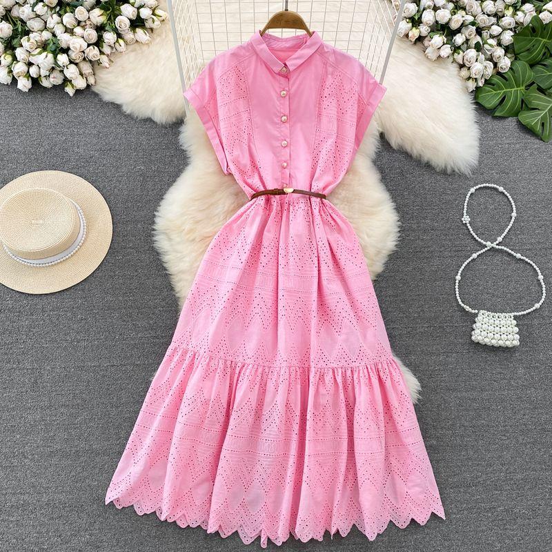 

Retro Cut Out Embroider Dress Elegance Large Swing Short Sleeve Pink All yards