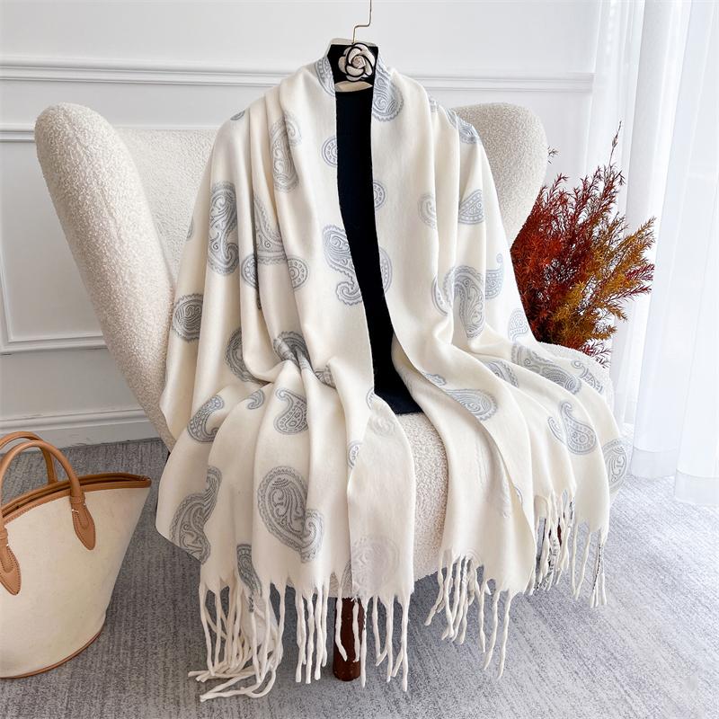 Embossed Cashmere Winter Scarf for Women Plain Warm Chunky Shawl Luxury Designer Poncho Pashmina Hijab Bufanda Lady Boho Cape