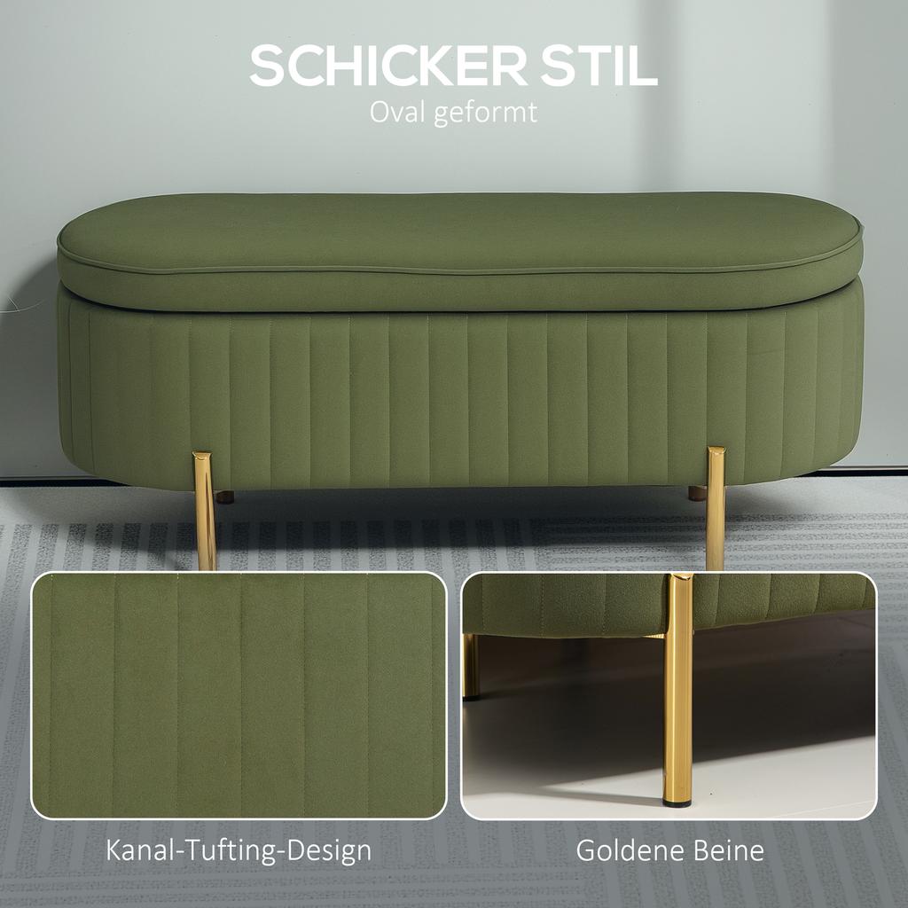 Storage Bench with Flip-Top Lid, Fabric Cover, Wood, Metal, Dark Green+Gold
