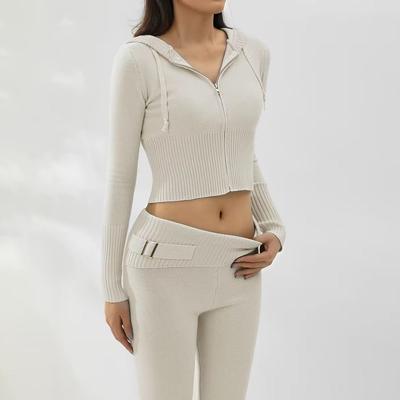 Autumn Women's Knitted Hooded High Waist Long-sleeved Top and Trousers Two-piece Set