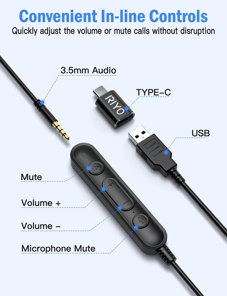 RIYO H361 Stereo Headset with Microphone, 3.5mm Type-C USB Connection, Noise Cancelling, Ambidextrous, Mute Function, Handheld Controller, Binaural