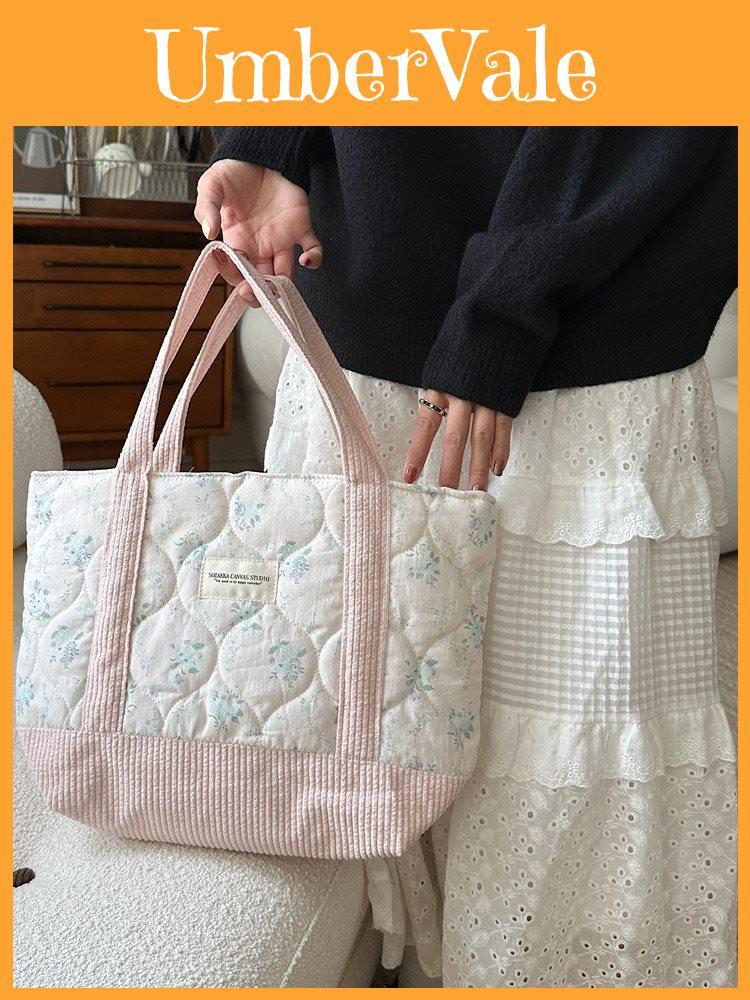 Stylish Korean Canvas Tote Bag With Floral Patchwork Design For Casual Use And Shopping