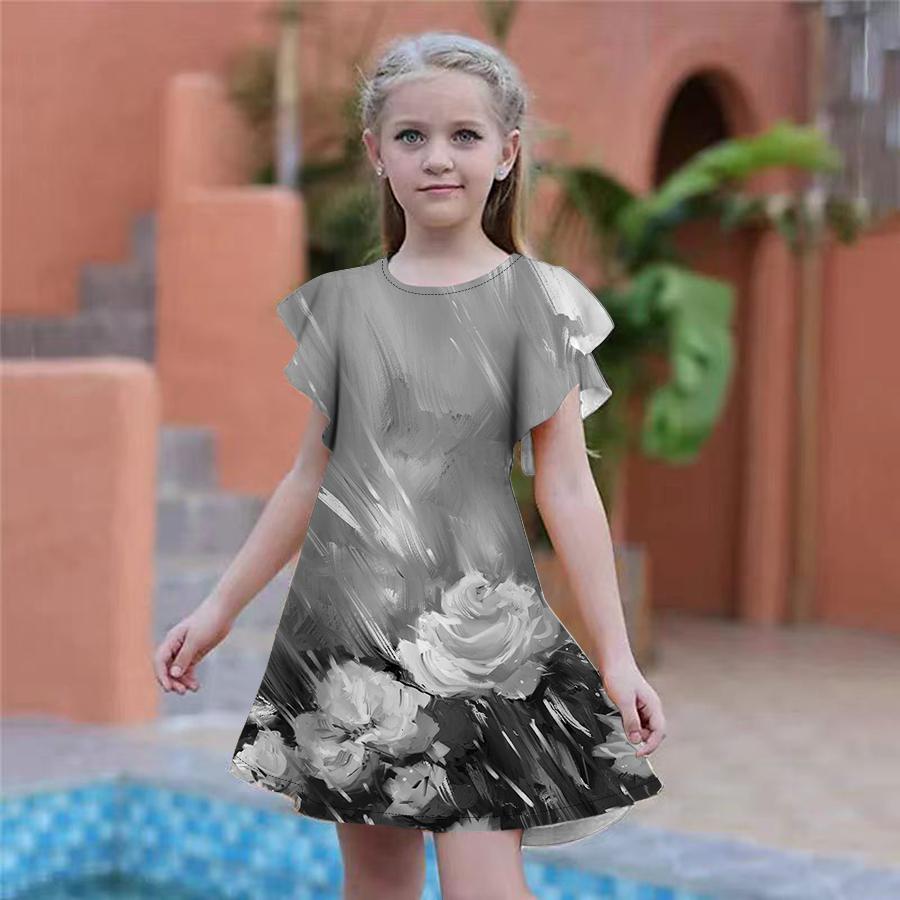 Girls Green Graffiti Rose Print Dresses Kids Girl Party Dress Loose Fitting Loose Fitting Short Sleeved Skirt For Girls Over Four Years Old
