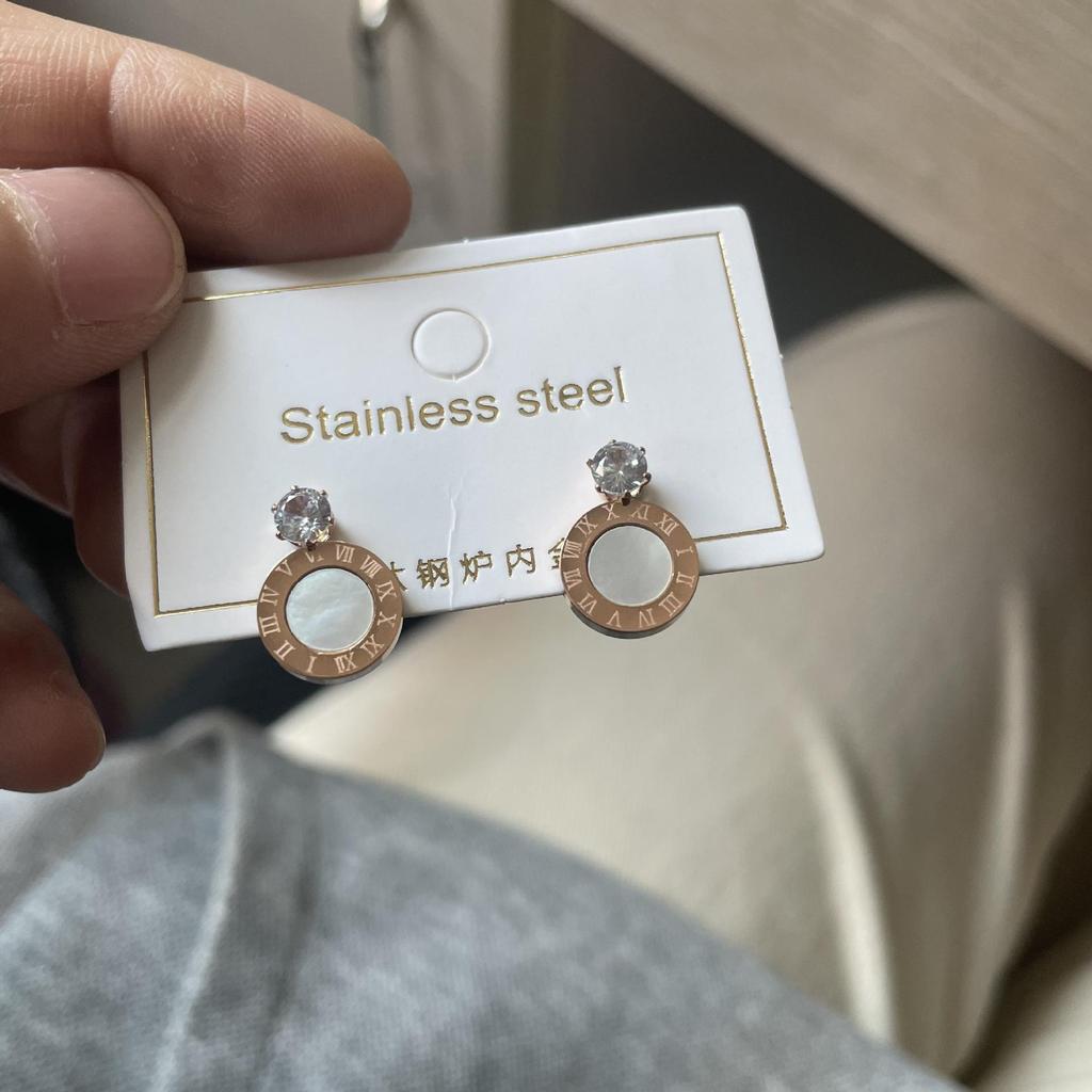 Black Rhinestone Round Stud Earrings, Rose Gold-Plated Titanium Steel, Simple Korean Style Women's Jewelry