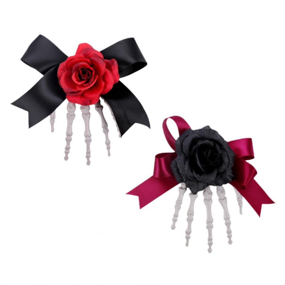 Halloween Hair Pin Skeleton Hand Frame Artificial Rose Flower Bow Decoration Hair Clip Dark Horror Style Hairpin