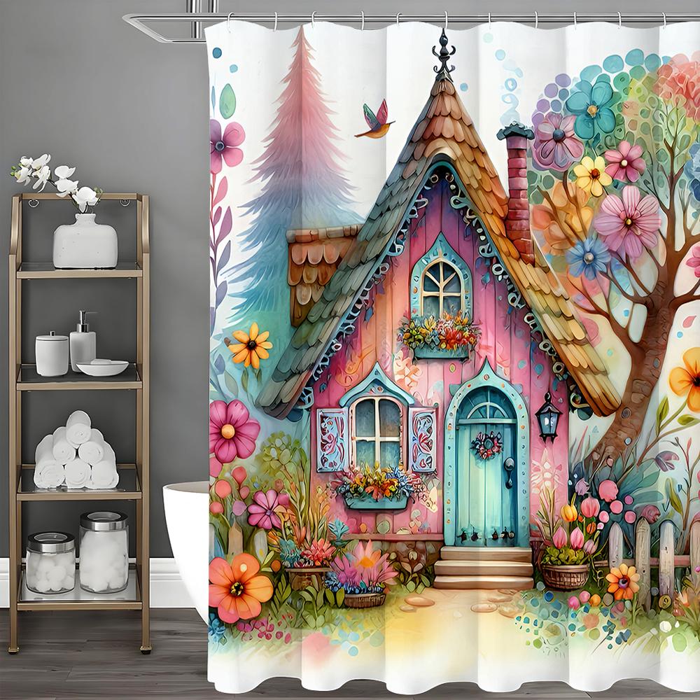 Cartoon Watercolor House Tree Flower Shower Curtain, Bathroom Decorative Shower Curtain, Waterproof Shower Curtain with Hooks