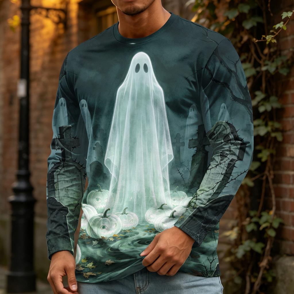 Men's Halloween Print Crewneck Long Sleeve T-Shirt for Casual Wear