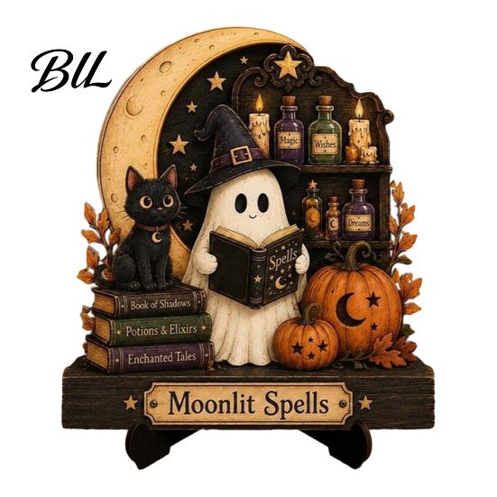 Decorative Wood Display Stand Halloween Reading Ghost Figurine, Retro Wooden Statue, Vintage Desktop Niche Gothic Room Accessories Ornament