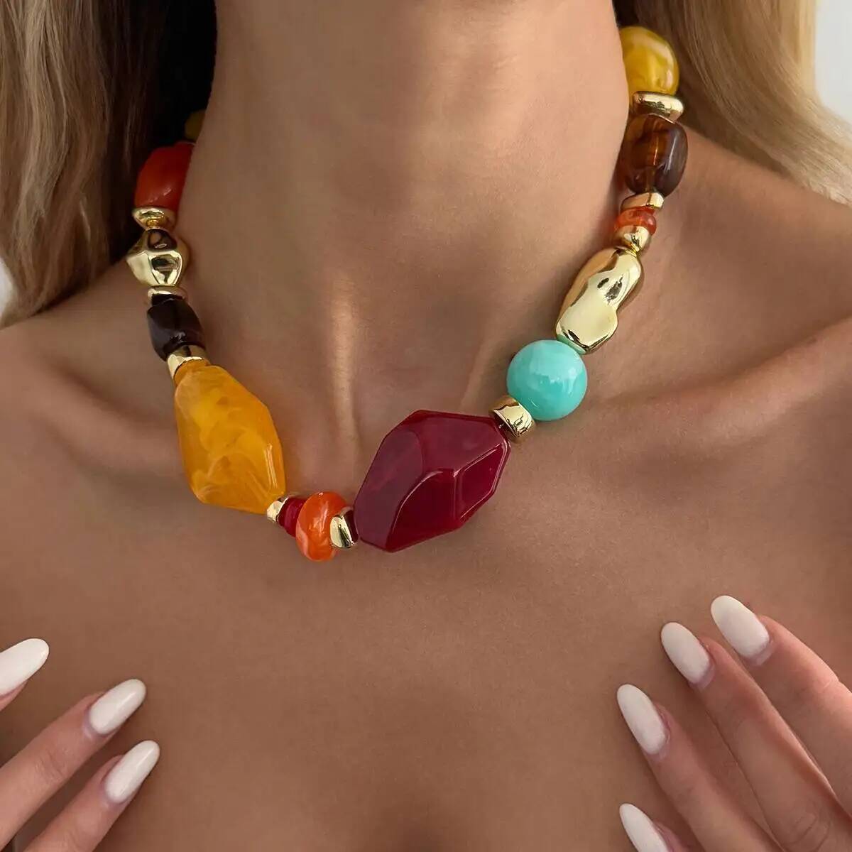 

SHIXIN Boho Creative Colorful Resin Bead Short Choker Necklace Women Vintage Irregular Adjustable Sweater Clavicle Chain Jewelry