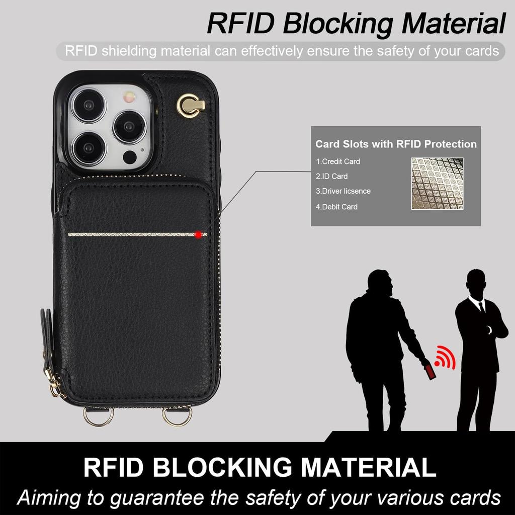 Bocasal Crossbody Wallet Case for iPhone 15 Pro, RFID Blocking Leather Purse Case with Card Holder, Protective Handbag Flip Cover with Zipper Wrist