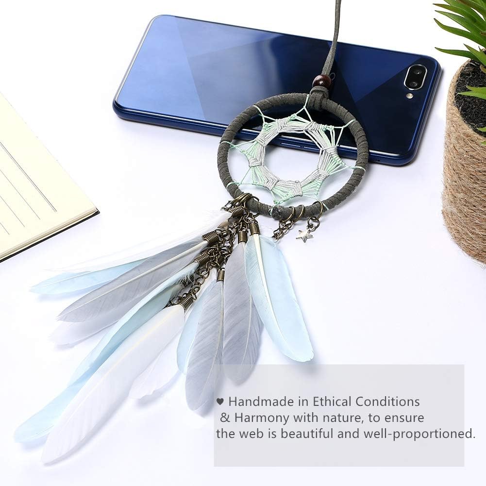 Alynsehom Dream Catcher Car Interior Rearview Mirror Hanging Decor Handmade Grids Nature Feather Small Boho Car Charms Pendant Accessories (Grey