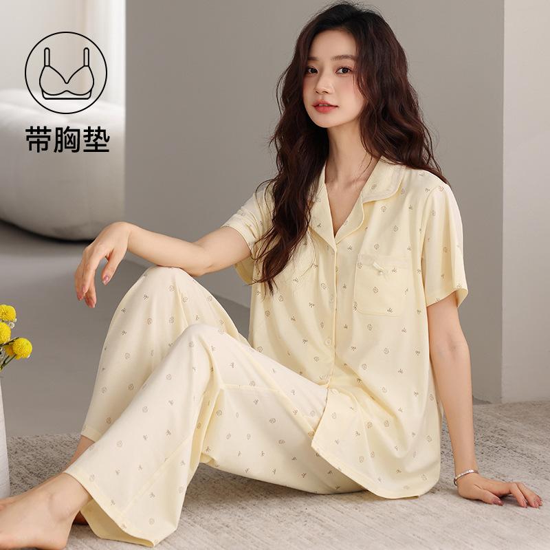 Pajamas with chest pads women's summer thin cotton short-sleeved trousers large size casual relaxation cardigan loungewear set
