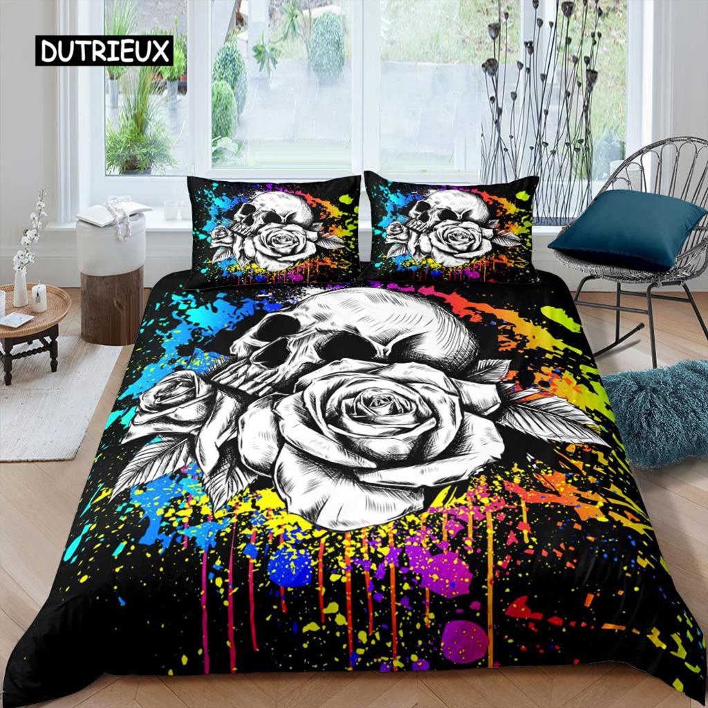Sugar Skull Duvet Cover for Lover Sweetheart Roses Twin Bedding Set Microfiber Halloween Men Smoke Fog Horror Gothic Quilt Cover