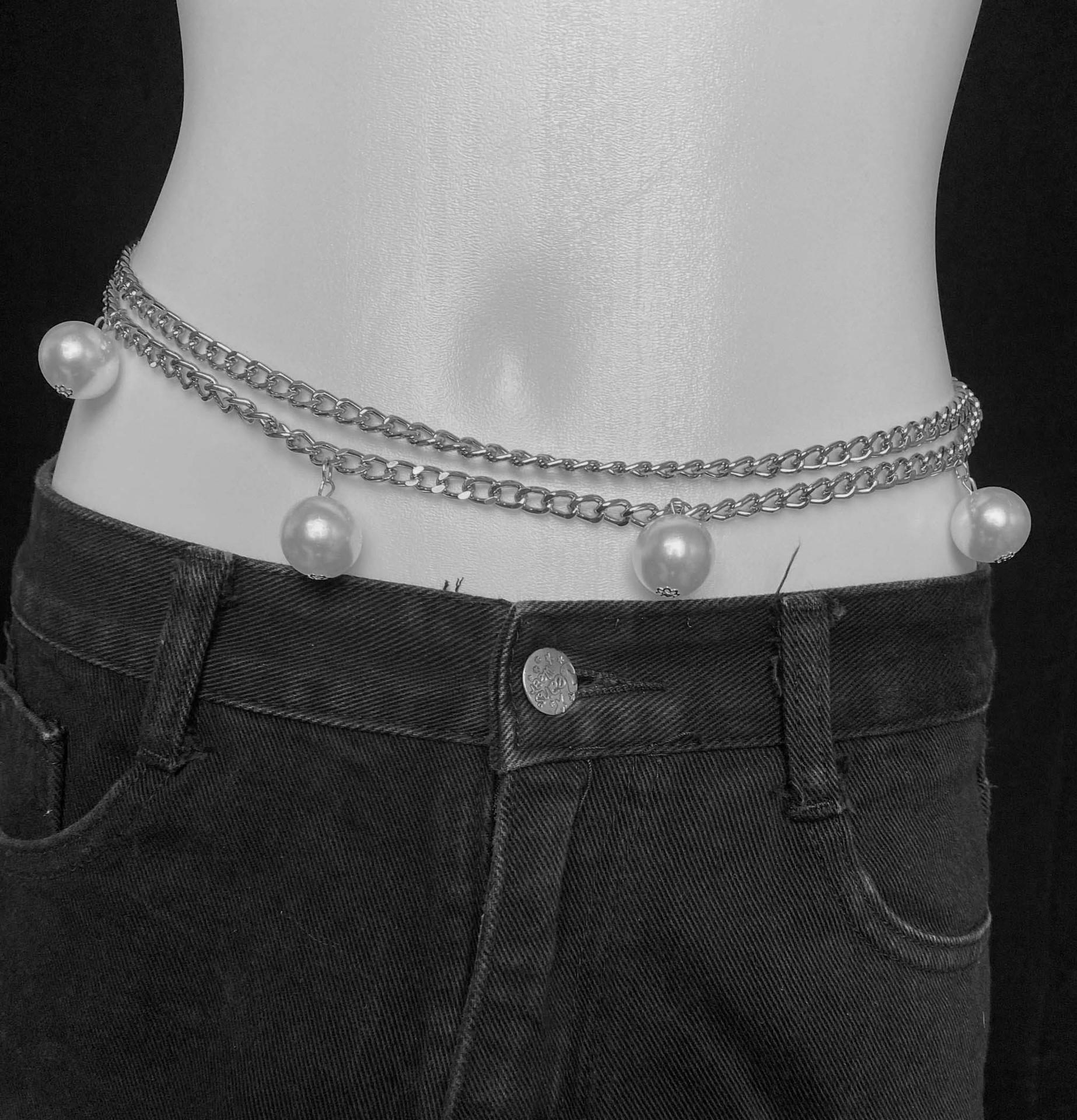 European/American Retro Double-Layer Faux Pearl Body Chain for Women серебряный