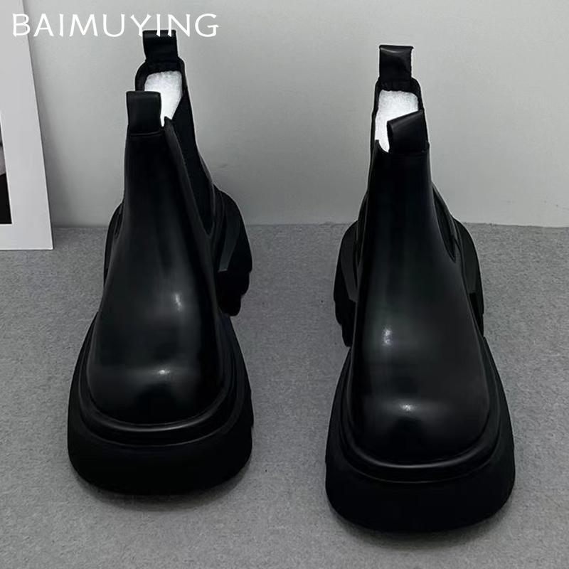 Leather Women Snow Ankle Boots Platform Mid Heels Shoes Designer Chunky Motorcycle Boots 2024 Trend Winter Fashion Botas Mujer