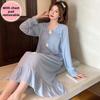 Women's Cute Sweet Long-Sleeve Nightdress with Chest Pad, Medium-Length, Plus Size Home Wear for Spring & Autumn