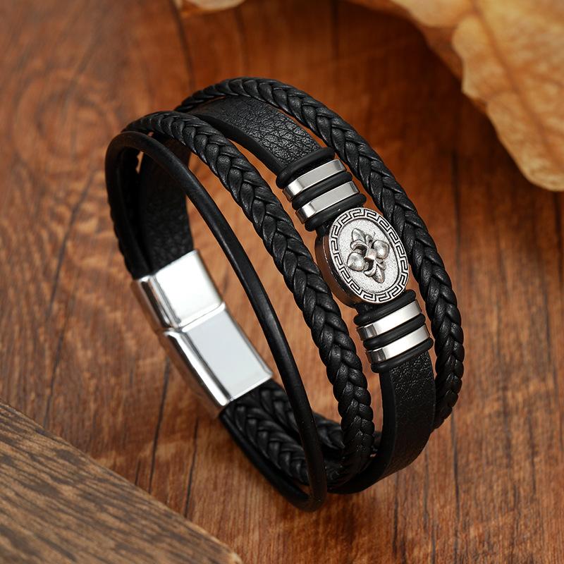 

Mens Braided Leather Bracelet Stainless Steel Oval Clasp Fashionable Wristband Handmade Gift for Men чёрный