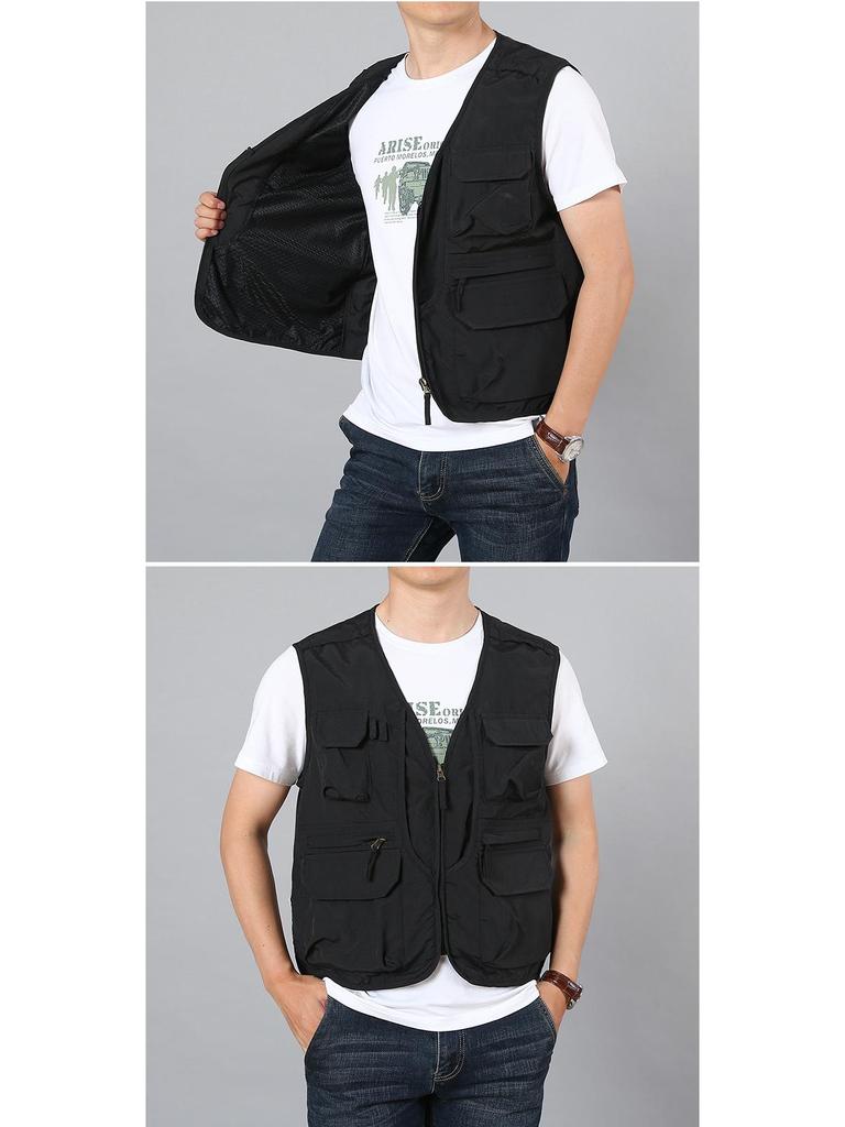 Men's Quick-Drying Multi-Pocket Vest for Outdoor, Plus Size, V-Neck, Perfect for Spring, Autumn, and Fishing