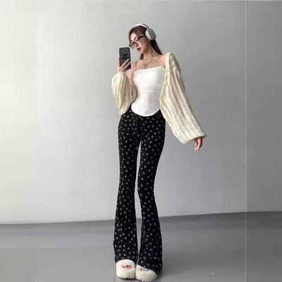 Smiling High Waist Printed Elastic Flare Pants for Women In Spring New Slim Fit and Casual Flare Pants