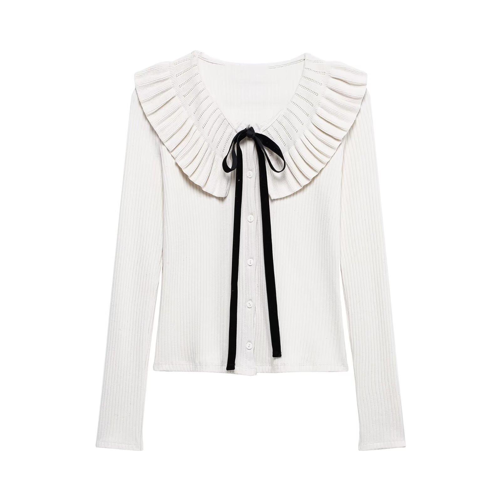 

Spring 2025 Women s Color Block Tie-Bow Ruffle Knit Top S