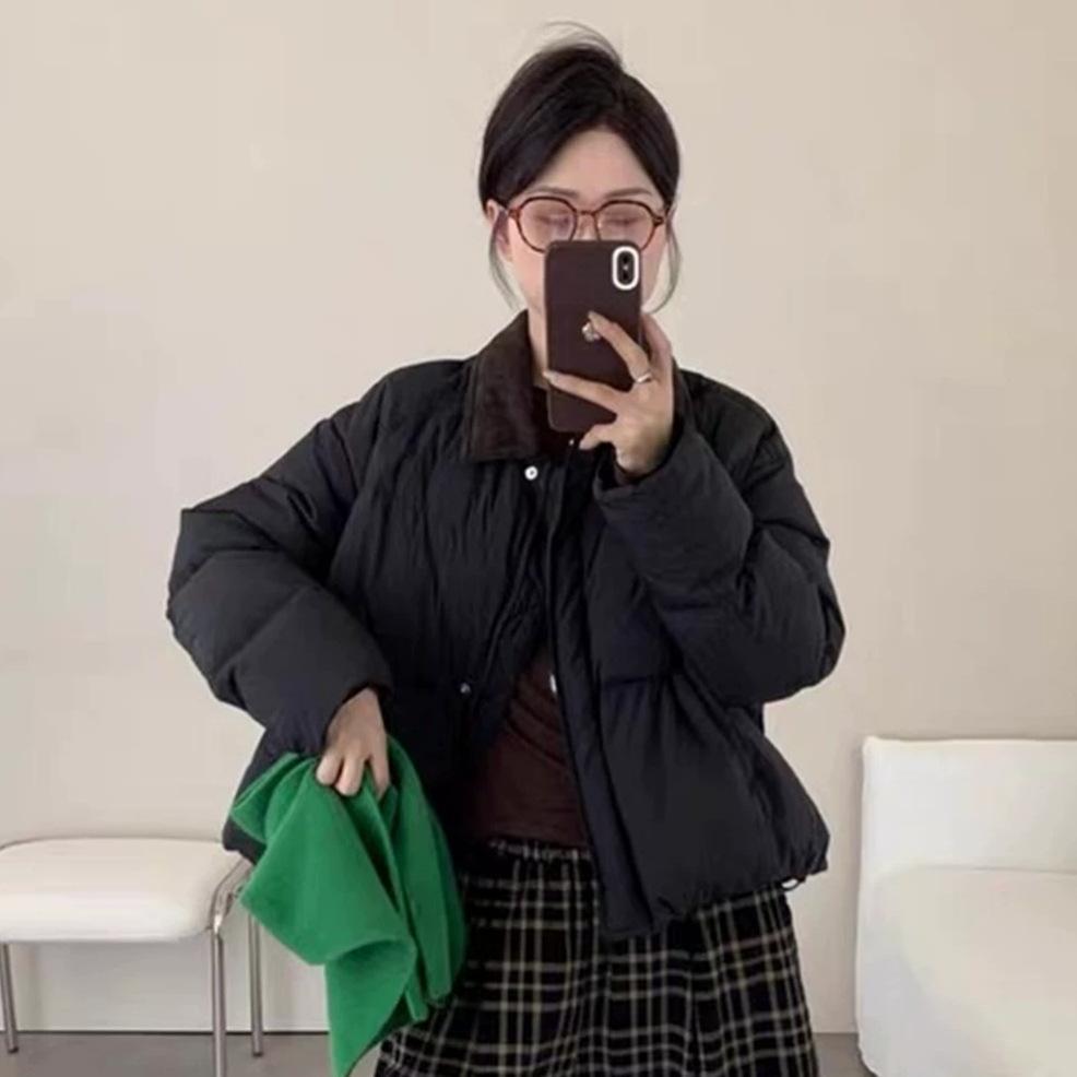 Down jacket women's new corduroy lapel contrasting colors loose warm thickened small short jacket