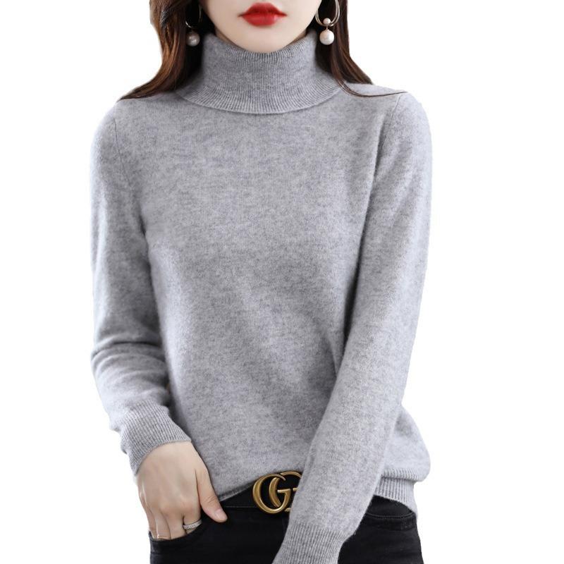 Damski sweter wełniany z wysokim dekoltem: Jesień Zima Moda Jednolity Kolor Dzianina