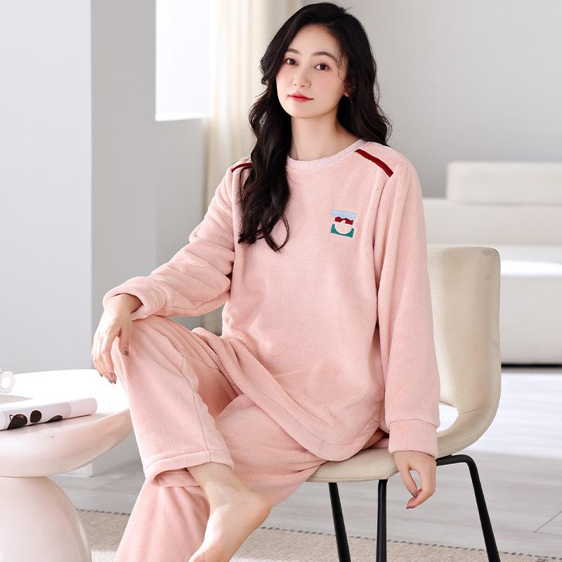 Coral Fleece Pajamas Women'S Autumn And Winter Long-Sleeved Casual Wear Thickened Fleece Flannel Loungewear Winter Suit