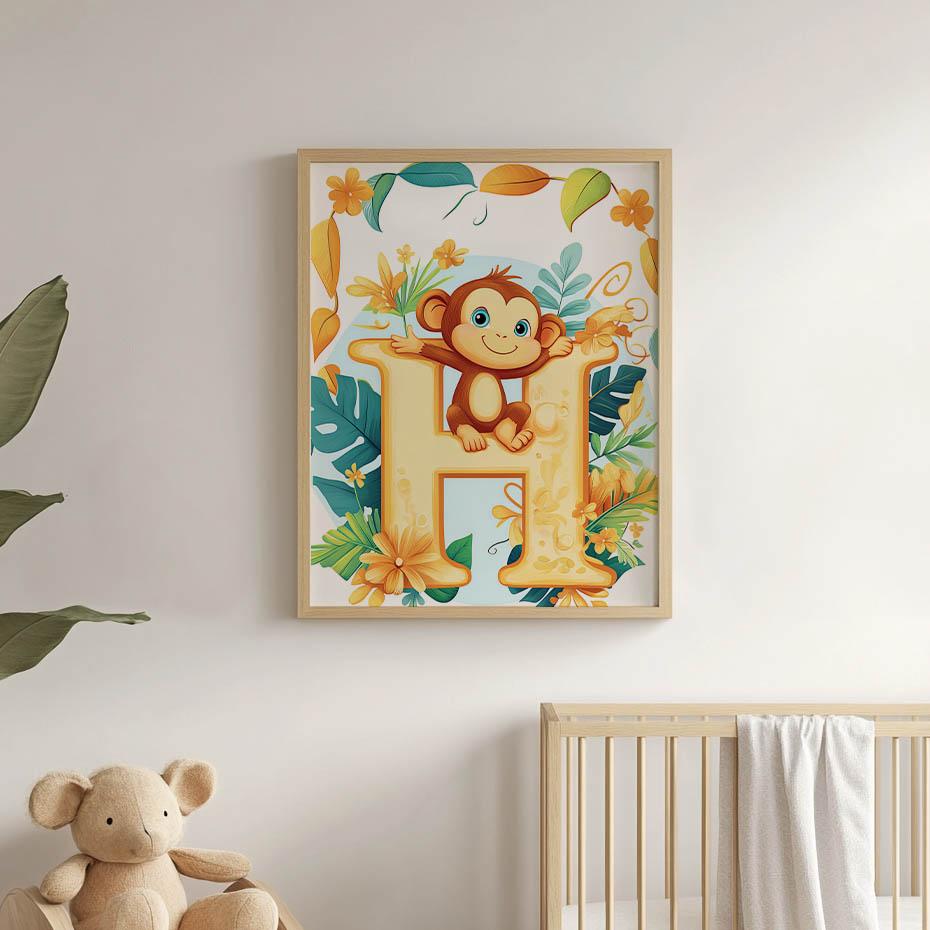 Plakat Litera H Z Małpką W Tropikalnym Stylu Plakat Litera H Z Małpką W Tropikalnym Stylu, 70X100 Cm, Rama Drewniana Jasny Dąb, Papier Matowy 230 Gsm