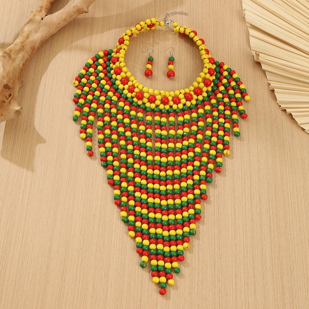 Handmade Necklace Earrings Set Wood Ear Studs Vintage Tassel Necklace  Evening