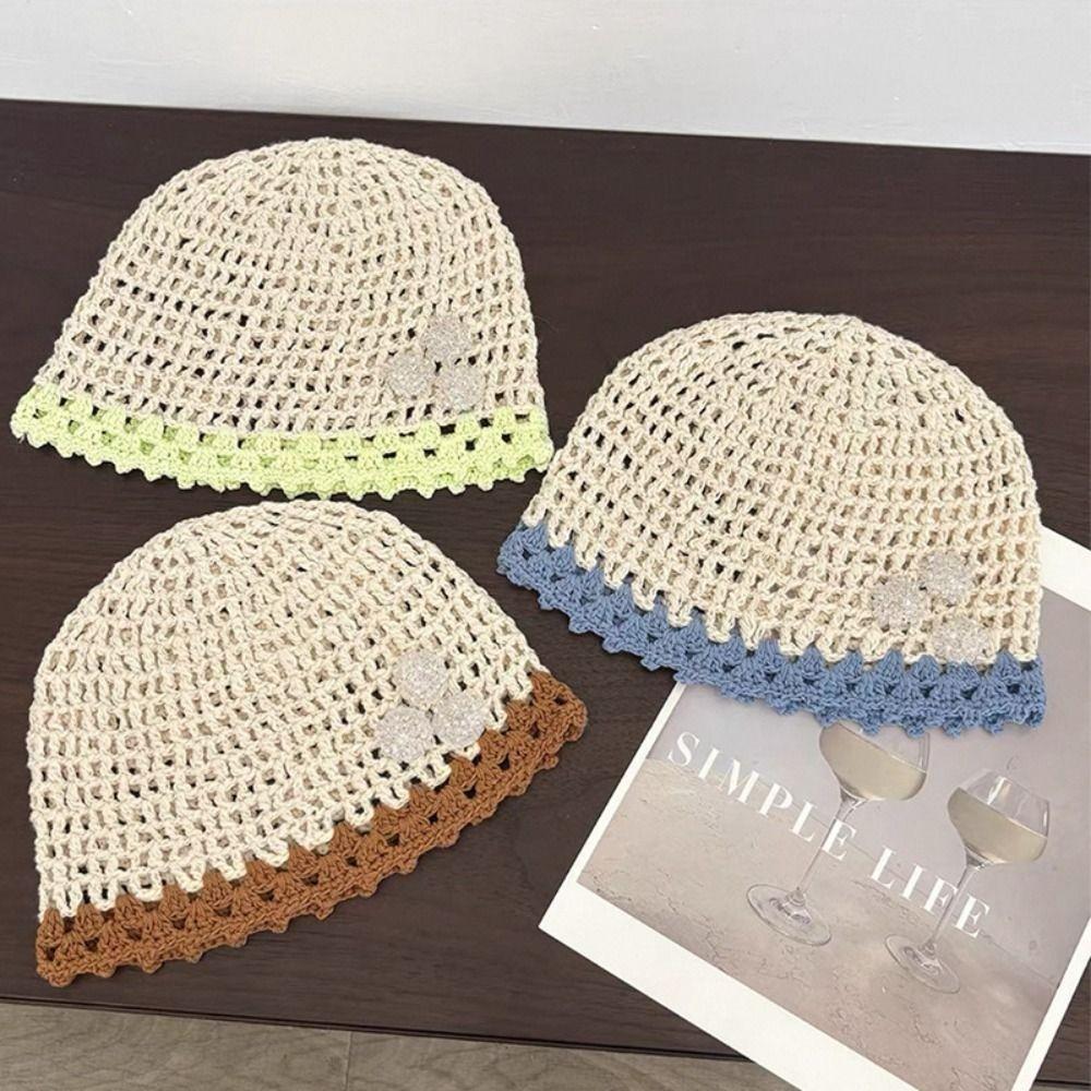 Handmade Crochet Flower Hat Thin Hollow Out Knitted Hat Cute Weave Cap  Girls