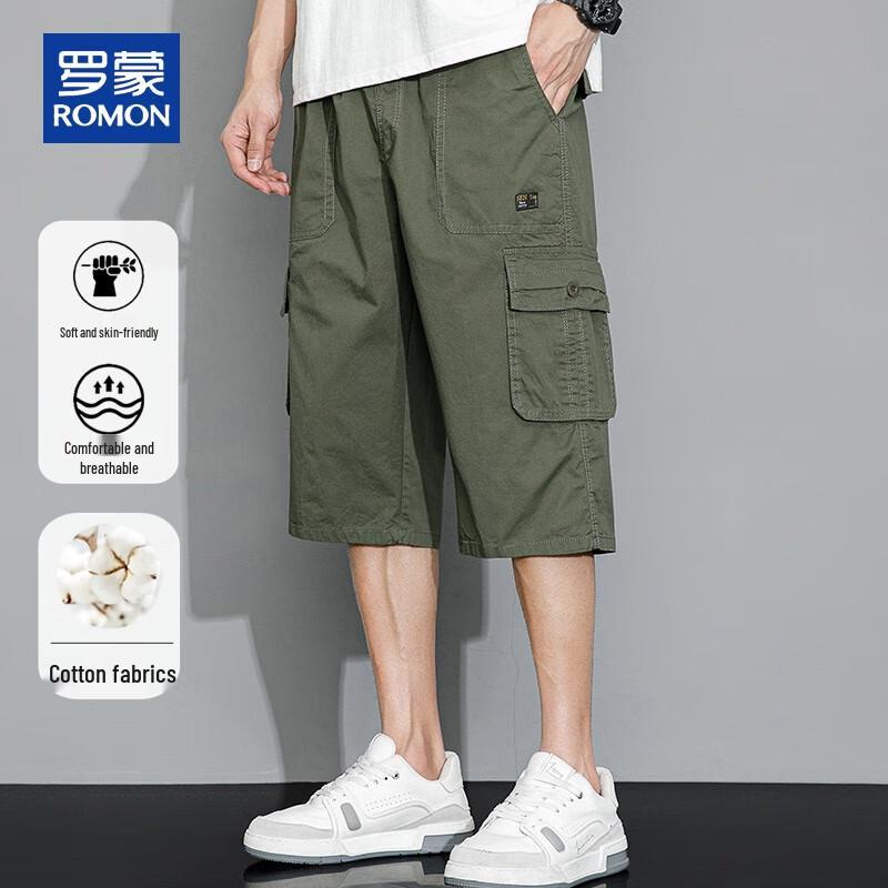 ROMON Men s Casual Pure Cotton Elastic Waist Knee-Length Shorts 3XL