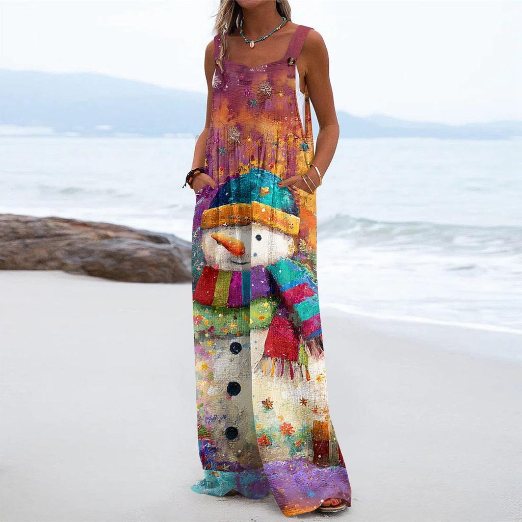 Women's Christmas Print Solid Wide Leg Strapless Tank Pocket Casual Onesie