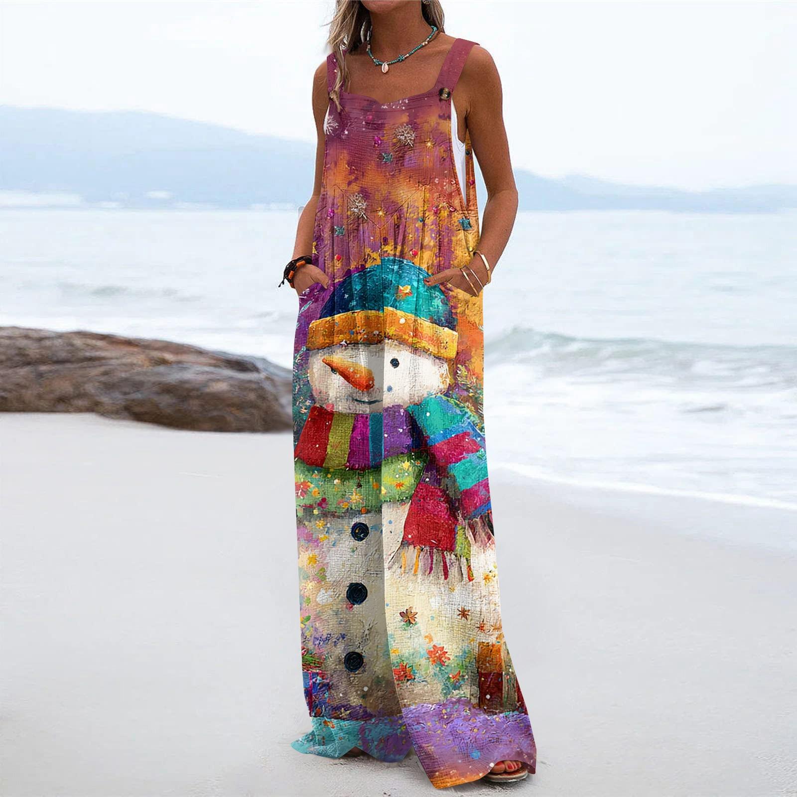 

Женский рождественский принт однотонный широкий крой без бретелек майка карман повседневный комбинезон S розовый