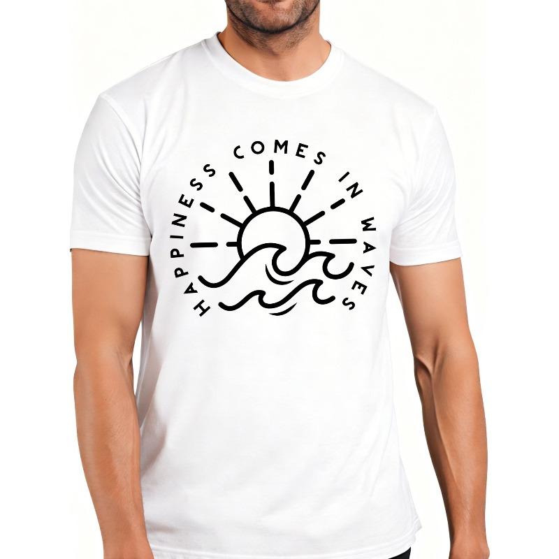 European Size Casual Style Men's T-Shirt with Sun And Wave Design Happiness Comes In Waves Summer Beach Wear for Him Gift for Surfers And Ocean Lovers