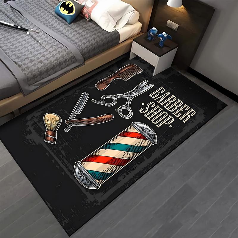 Barber Shop Theme Carpet with Scissors, Razor and Brush Design, Black Suitable for Use As an Anti-slip for Living Room Bedroom Sofas