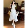 Summer Plus Size Women's Clothes Gentle White Niche Style V Neck Texture Tied Lotus Leaf Waist-Tight Slimming Elegant Long Dress