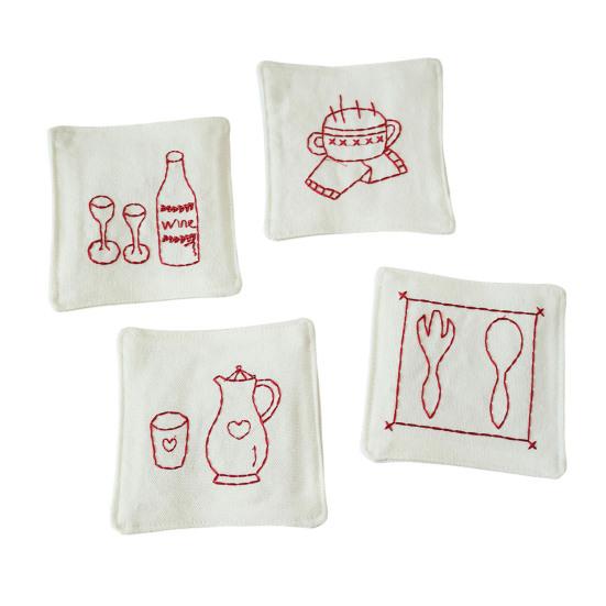 4 pièces sous-verres rustiques en coton, dessous de verre tissés à carreaux brodés à la main pour tasses à café et à thé, protège-table lavable résistant à la chaleur pour la maison