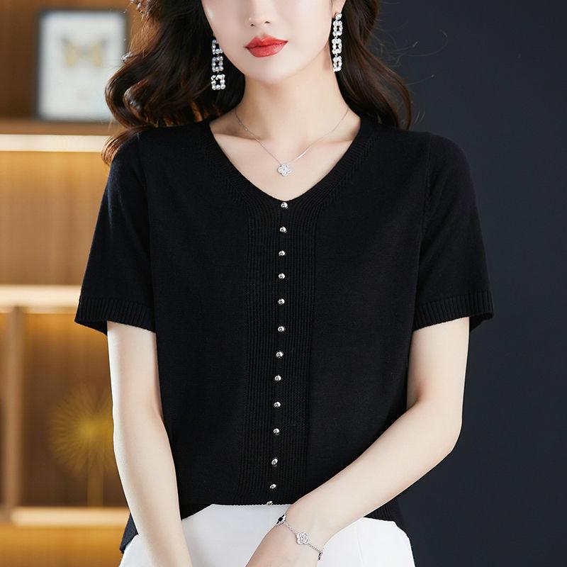 

Летняя новая трикотажная рубашка Ice Silk, женская свободная футболка с V-образным вырезом и коротким рукавом, тонкий топ с коротким рукавом 2XL чёрный