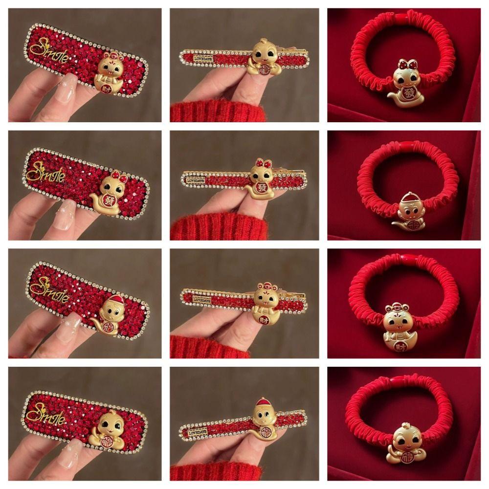 New Year Headwear Red Rhinestone Hairpin Animal Zodiac Dragon Hair Clip Creative   Daily