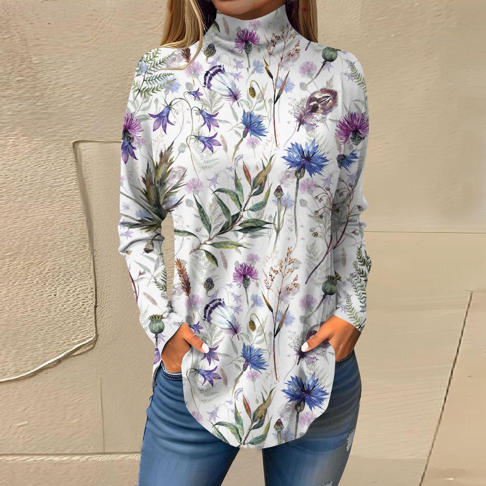 

Женская свободная футболка с высоким воротом и длинными рукавами с цветочным принтом в стиле ретро, топ-пуловер XXXL