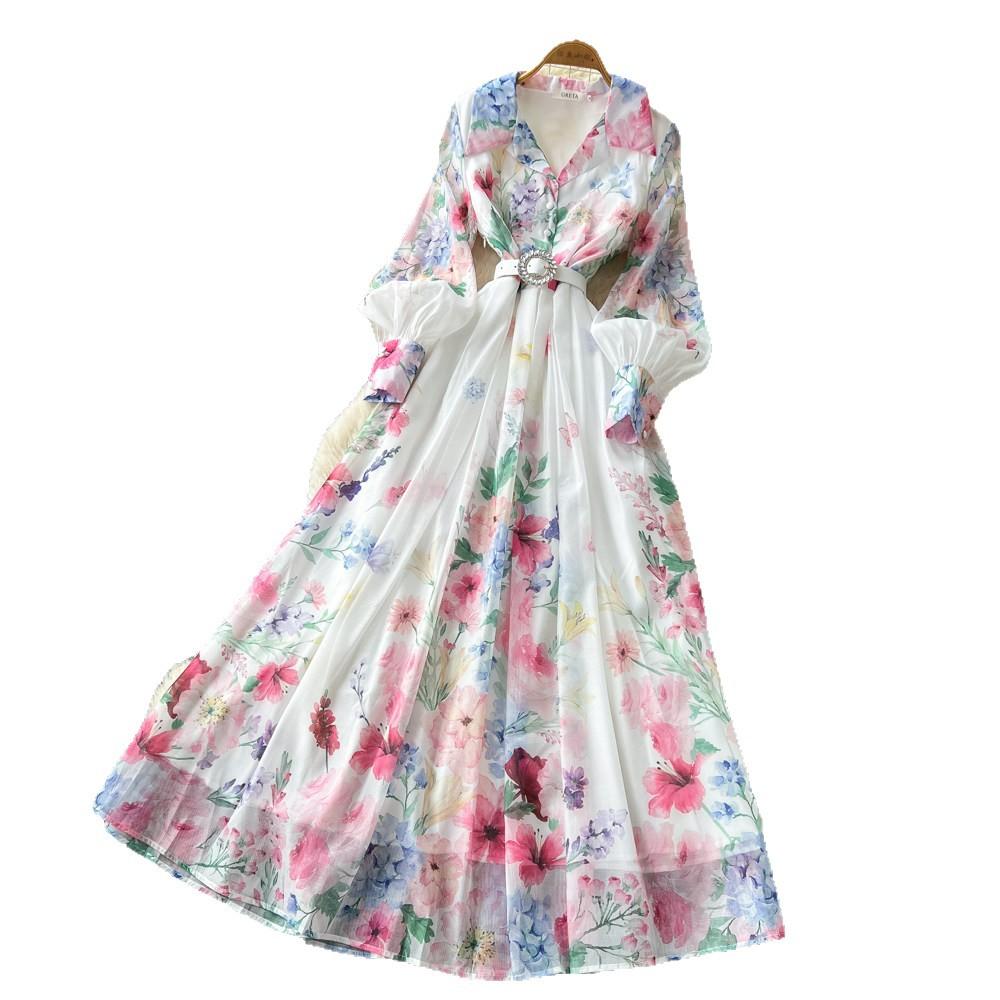 French Holiday Style Print Slim-fit Dress Women's Spring and Autumn V-neck Lantern Sleeve Waist Strap A-word Commuter Dress